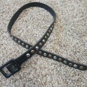 Vintage 90s punk/goth black leather belt with studded gold and silver hardware